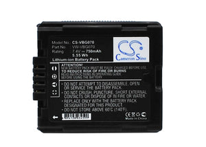 Battery for Panasonic SD100 VW-VBG070, VW-VBG070A, VW-VBG070-K 7.4V Li-ion 750mA